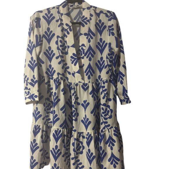 ZARA Blue & White Print Pintuck Detail Long-Sleeve Ruffle Mini Dress Size Small - Picture 1 of 3